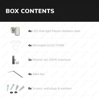 Set van 4 dimbare LED Wandlamp Mason 2700K - RVS - IP44 - GU10 - Incl. dimmer met afstandsbediening