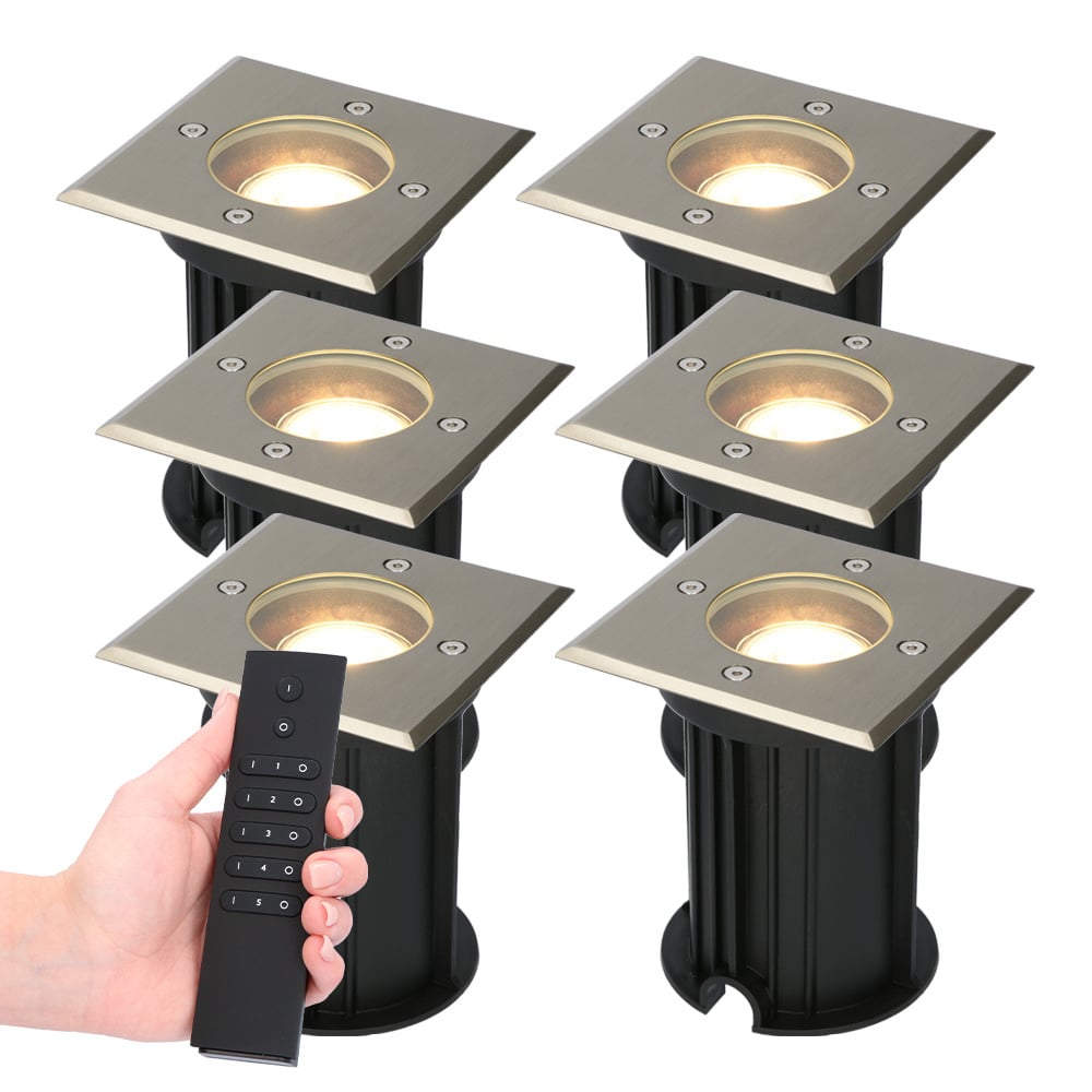 HOFTRONIC Set van 6 dimbare LED grondspot Ramsay - vierkant - RVS - 5W - 2700K - IP67 - Incl. dimmer