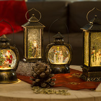 Indoor snow lantern - Santa by the Christmas tree - Warm white - 20 cm - Water lantern - Battery-powered lighting - Timer - Christmas lights