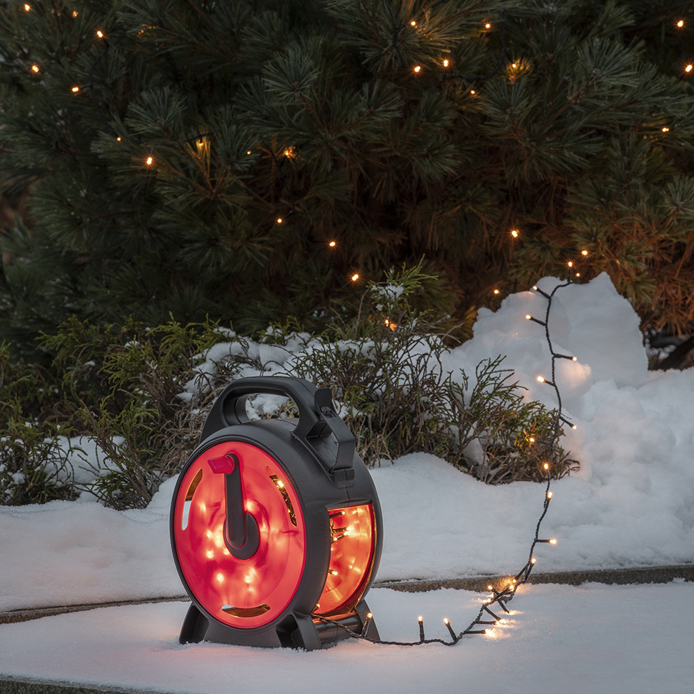 Kerstverlichting buiten - Lichtsnoer op kabelhaspel 14 meter - 200 LEDs - Amberkleurig - IP44 waterdicht afbeelding