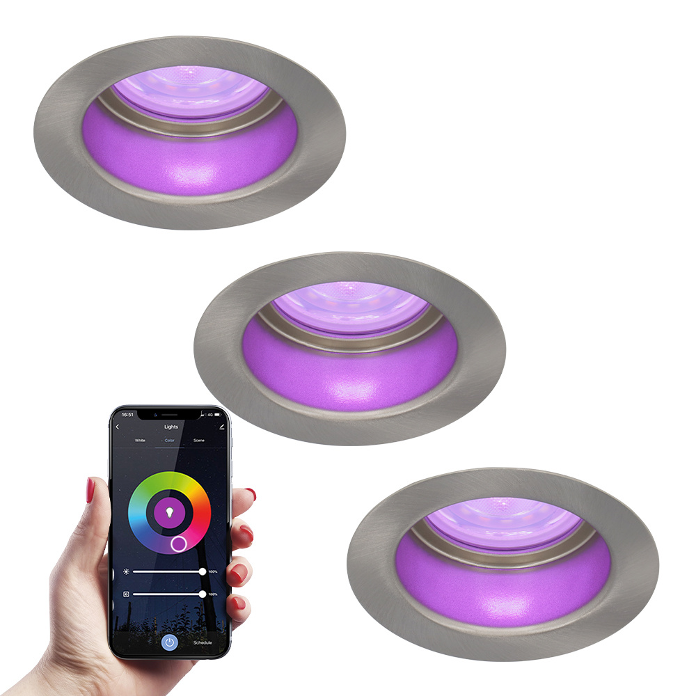 HOFTRONIC SMART 3x Mari smart LED inbouwspot verzonken 5.5 Watt RGBWW WiFi BLE Verwisselbare GU10 Dimbaar voor binnen en buiten RVS