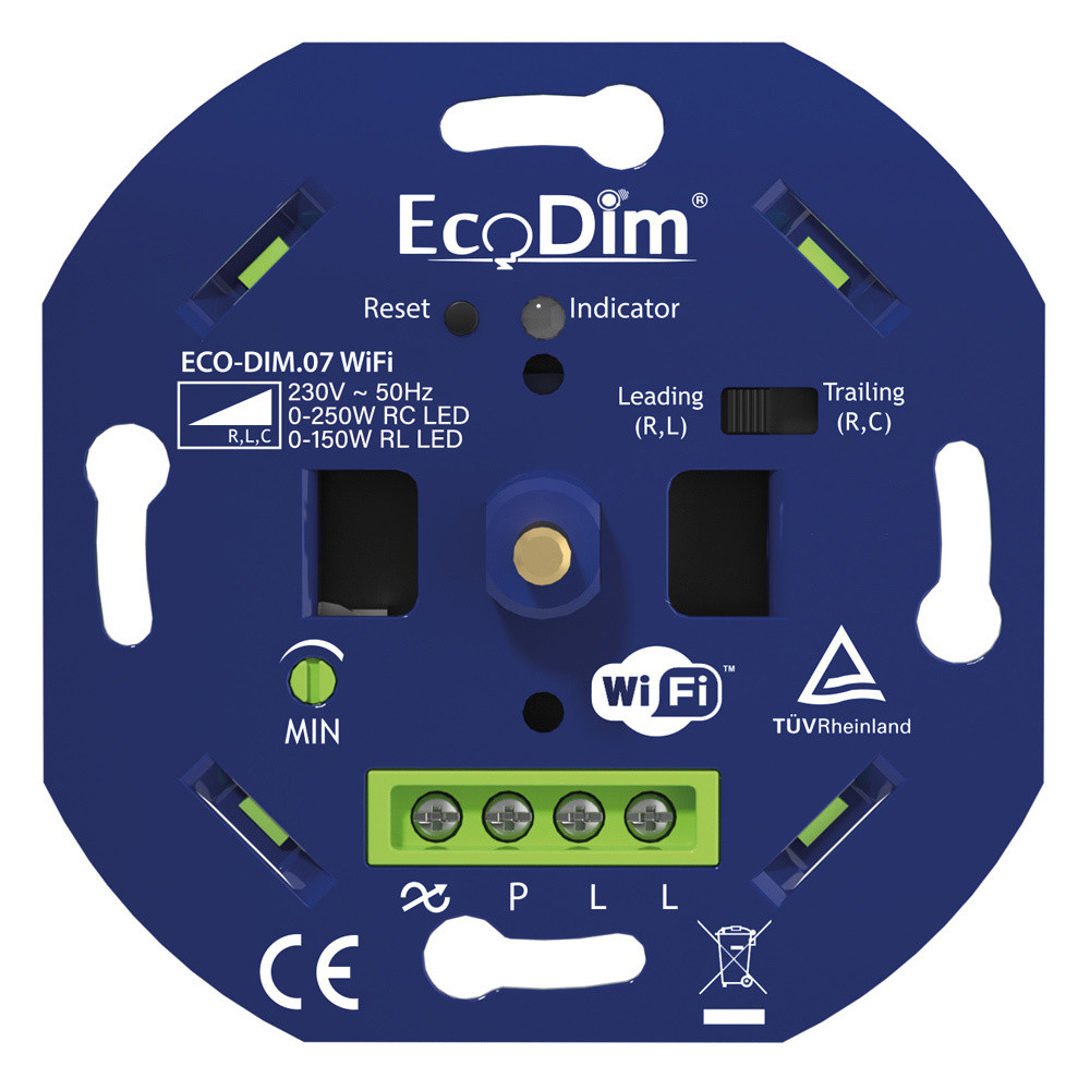 Ecodim Smart LED WiFi dimmer - 0-250 Watt - Druk-/Draaiknop - Fase afsnijding en aansnijding - Tuya 