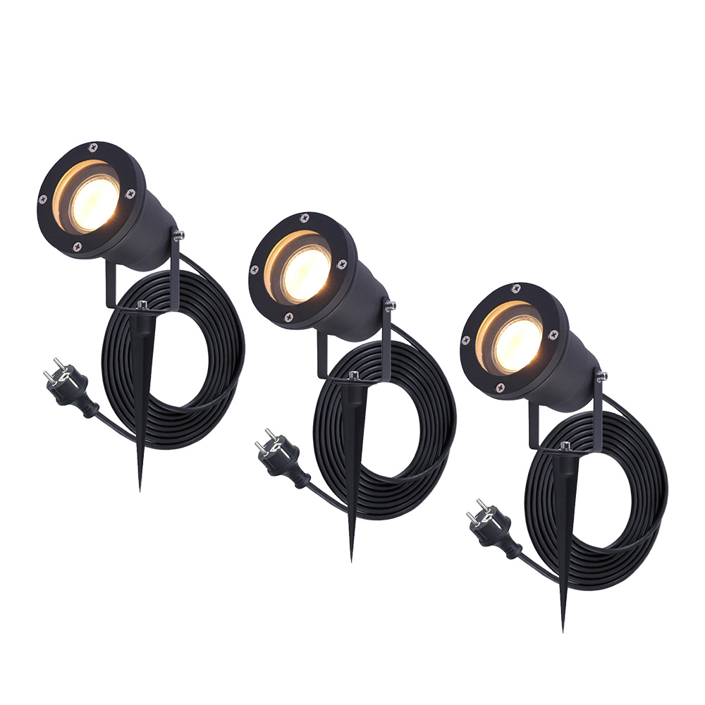 HOFTRONIC 3x Sydney Prikspot - GU10 - Plug & Play - Warm wit 2700K - 5 Watt - Voor buiten - Priklamp