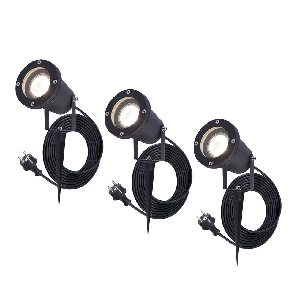 HOFTRONIC™ 3x Sydney Prikspot GU10 Plug Play Neutraal wit 4000K 5 Watt Voor buiten Priklamp Zwart Grondspies 1.5 meter netsnoer