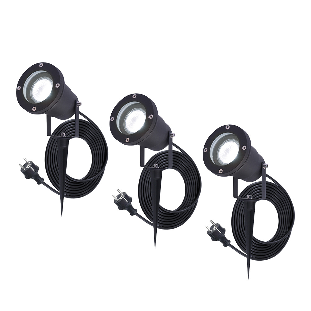 HOFTRONIC™ 3x Sydney Prikspot GU10 Plug Play Daglicht wit 6000K 5 Watt Voor buiten Priklamp Zwart Grondspies 1.5 meter netsnoer