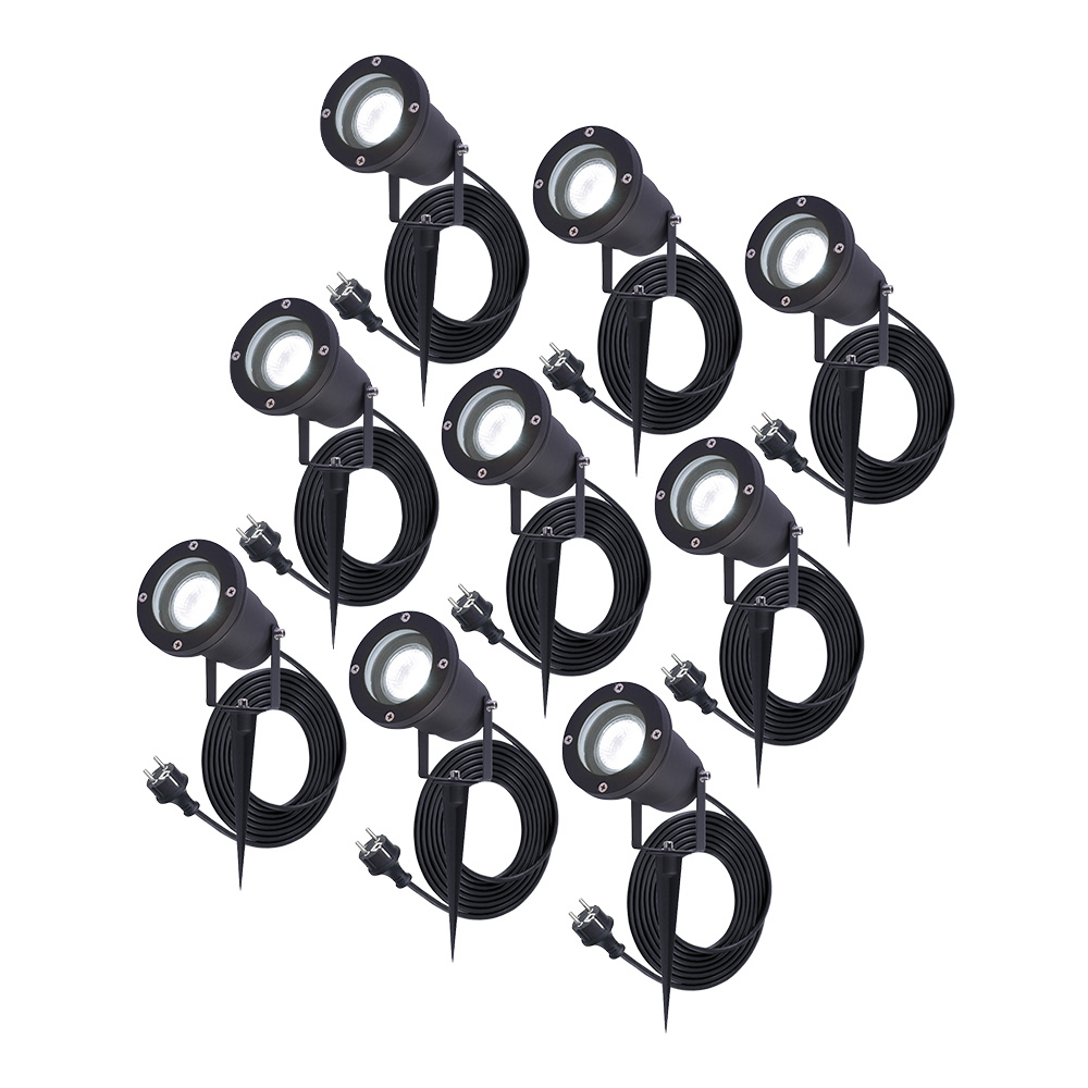 HOFTRONIC™ 9x Sydney Prikspot GU10 Plug Play Daglicht wit 6000K 5 Watt Voor buiten Priklamp Zwart Grondspies 1.5 meter netsnoer