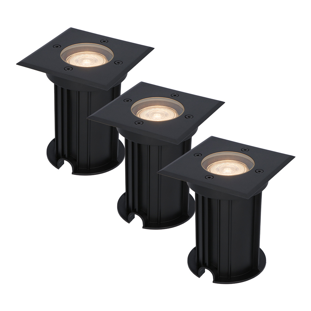 HOFTRONIC™ 3x Ramsay dimbare LED grondspot - Vierkant - Zwart - 2700K warm wit - 5 Watt - IP67 straal waterdicht - 3 jaar garantie