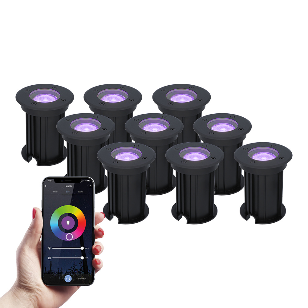 HOFTRONIC™ 9x Maisy dimbare LED grondspot - Rond - Zwart - RGBWW - 5.5 Watt - WiFi & Bluetooth - IP67 straal waterdicht - 3 jaar garantie