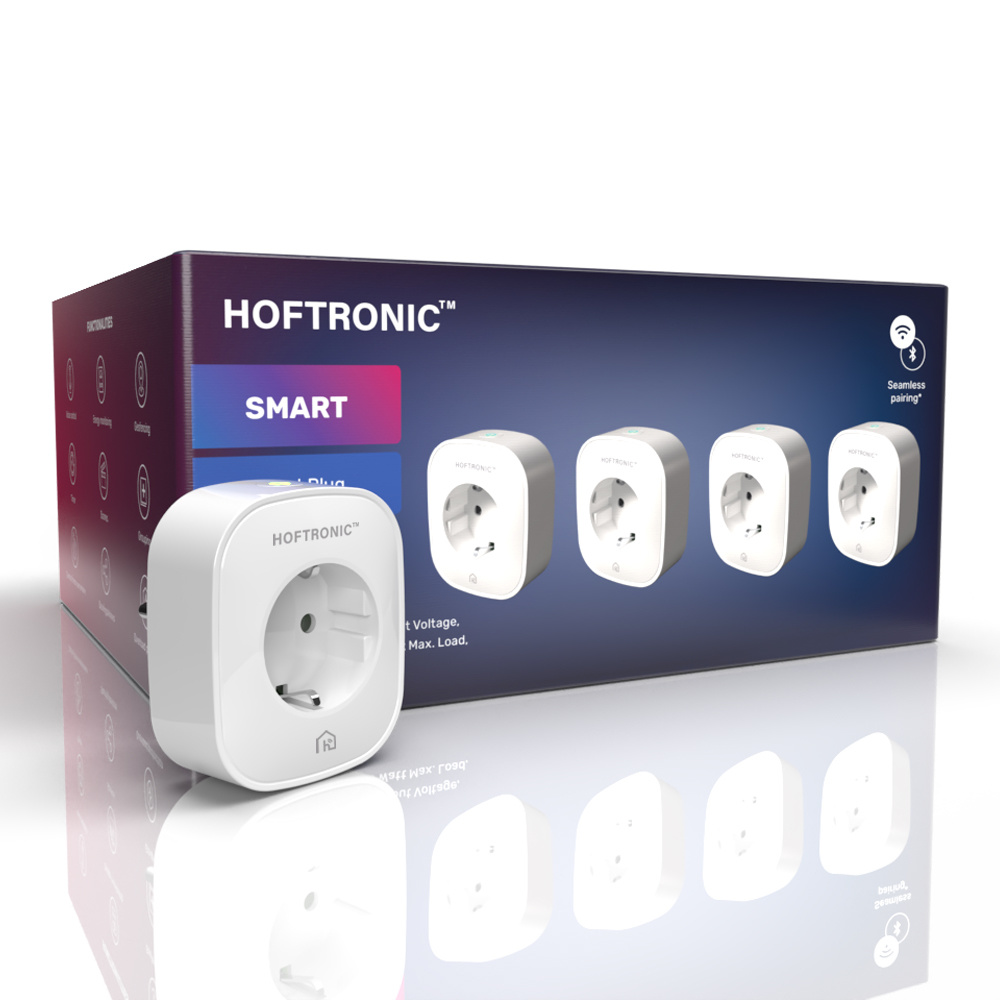 4x HOFTRONIC Slimme Stekker - Smart plug 16A - WiFi + Bluetooth - Met Tijdschakelaar - Compatible met Amazon Alexa, Google Home & Siri - Incl. Energiemeter - Extra plat design - Sm