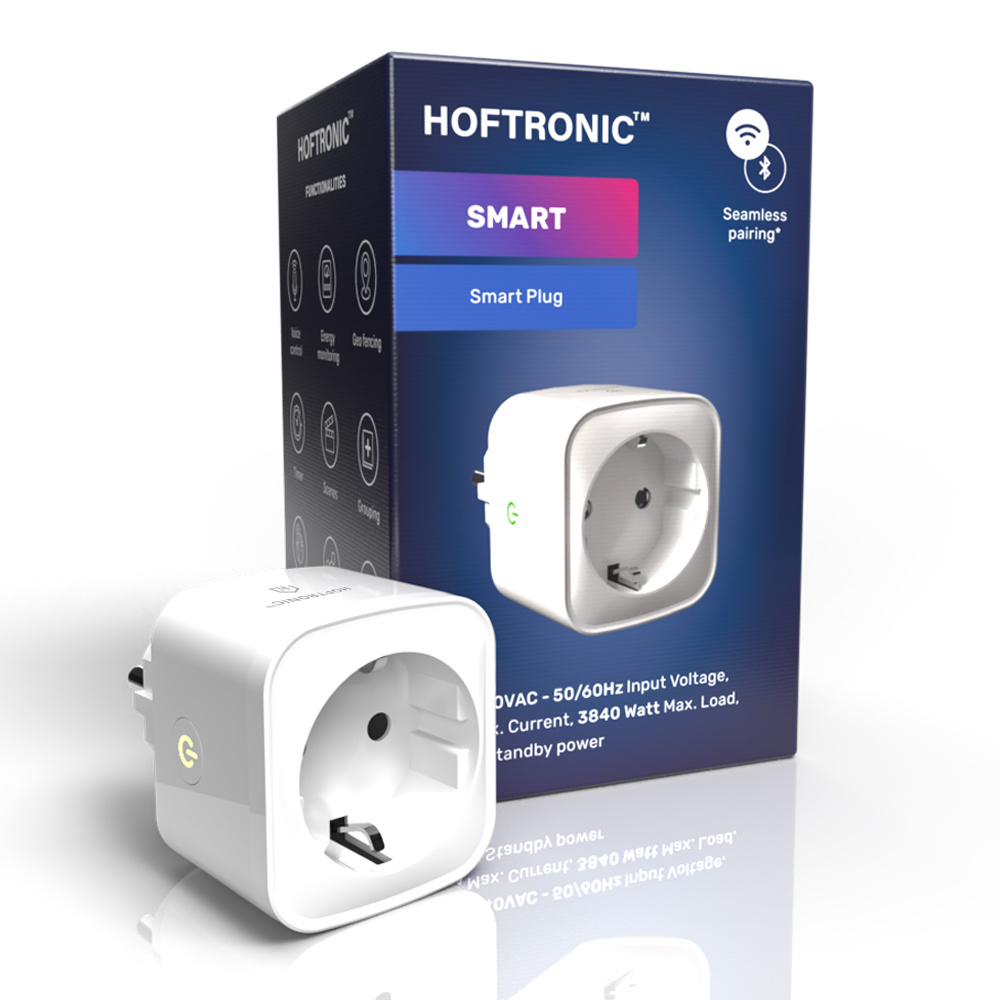 HOFTRONIC Slimme Stekker - Smart plug 16A - WiFi + Bluetooth - Met Tijdschakelaar - Compatible met alle smart assistenten - Incl. Energiemeter - Extra hoog en smal design - Smart s