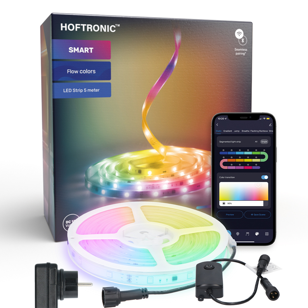 HOFTRONIC Smart LED Strip 5m - IP67 waterdicht voor buiten - 12V - RGB Flow Color - WiFi + Bluetooth