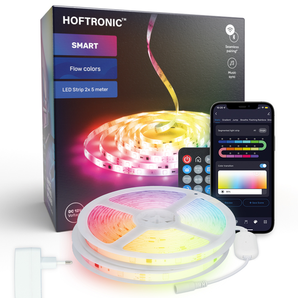Smart LED Strip RGB Flow Colors - 10 meter - WiFi + Bluetooth - Google Home, Amazon Alexa en Siri - 16,5 miljoen kleuren - IP65 voor binnen- en buitengebruik - Bedienbaar via App -