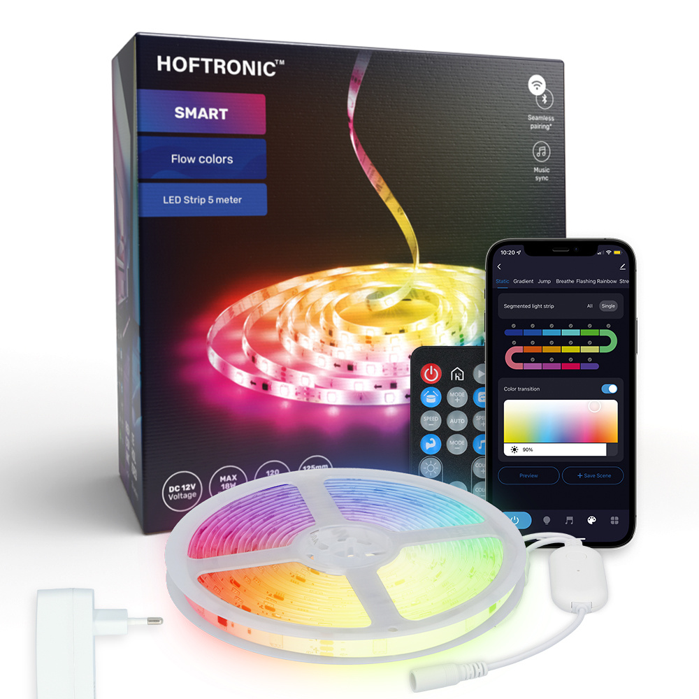 HOFTRONIC™ HOFTRONIC Smart LED Strip 5m RGB Flow Color WiFi Bluetooth 12V 16,5 miljoen kleuren met 120 LEDs Music Sync Met afstandsbediening Zelfklevend Voor Google Home, Amazon Alexa en Siri
