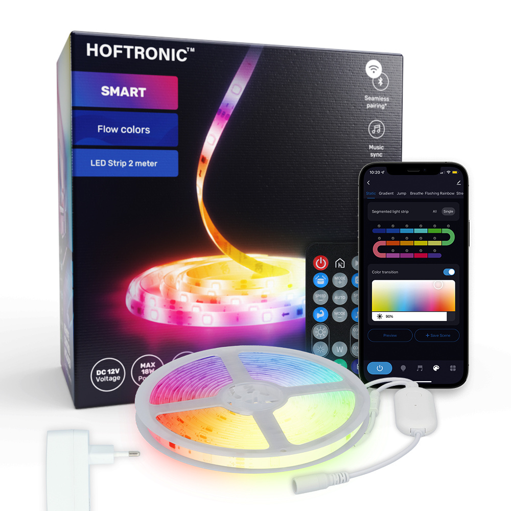 HOFTRONIC™ Smart LED Strip 2m - RGB Flow Color - WiFi + Bluetooth - 12V - 16,5 miljoen kleuren met 48 LEDs - Music Sync - Met afstandsbediening - Zelfklevend - Voor Google Home, Am