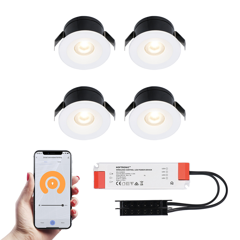 HOFTRONIC SMART 4x Cadiz witte Smart LED Inbouwspots complete set - Wifi & Bluetooth - 12V - 3 Watt 