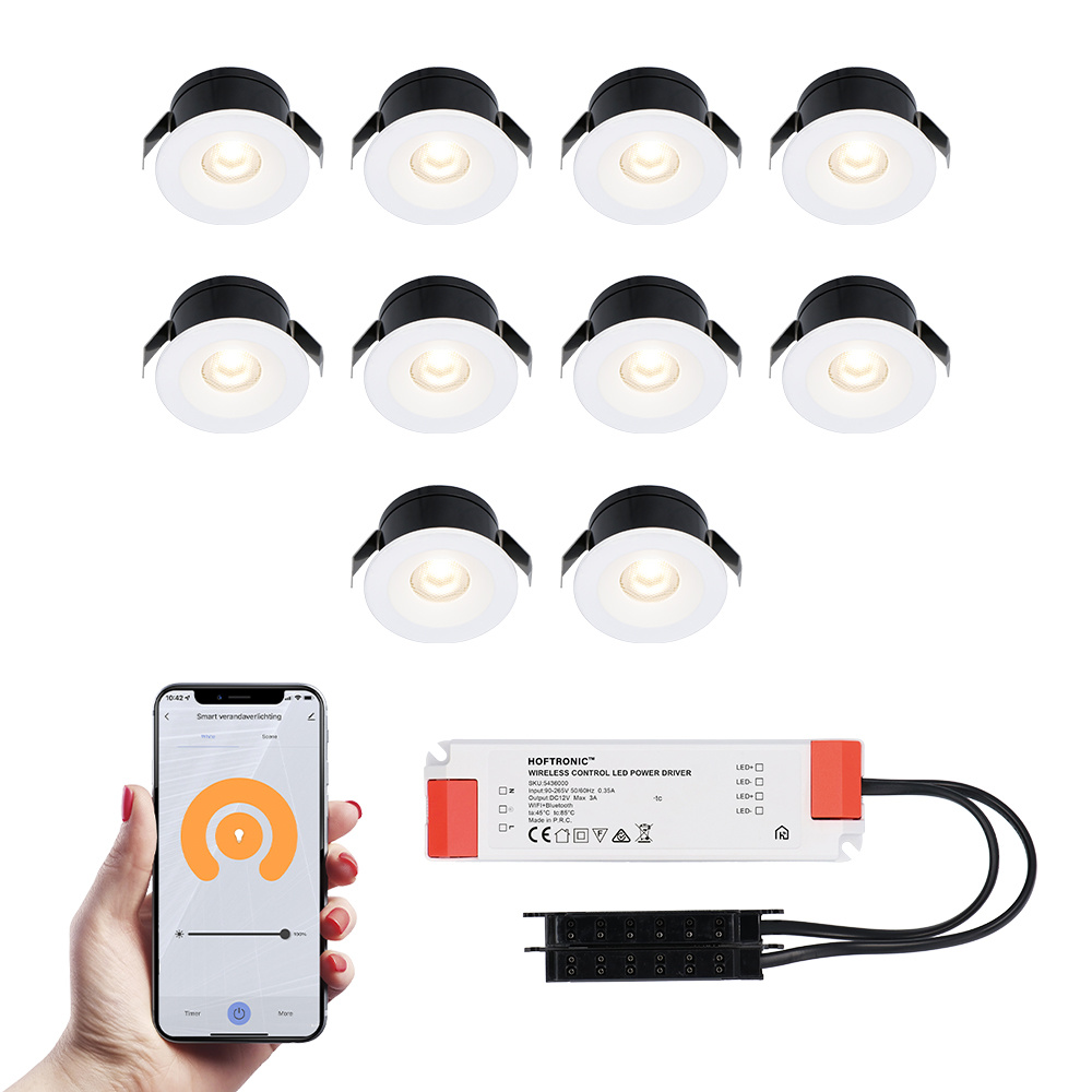 HOFTRONIC™ 10x Cadiz witte Smart LED Inbouwspots complete set Wifi Bluetooth 12V 3 Watt 2700K warm wit