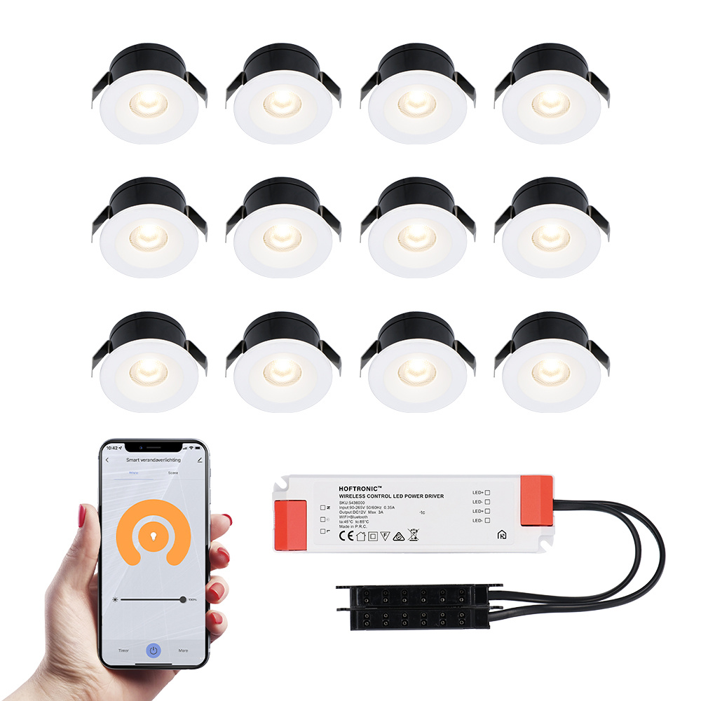 HOFTRONIC - 12x Cadiz 12 Volt LED Inbouwspots Wit - 3W Smart WiFi + Bluetooth - Extra plat 26mm - 2700k Warm Wit - IP44 Waterdicht voor Veranda, Badkamer en Keuken