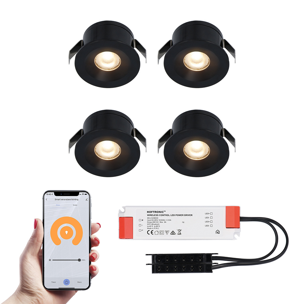 HOFTRONIC™ 4x Cadiz zwarte Smart LED Inbouwspots complete set - Wifi & Bluetooth - 12V - 3 Watt - 2700K warm wit