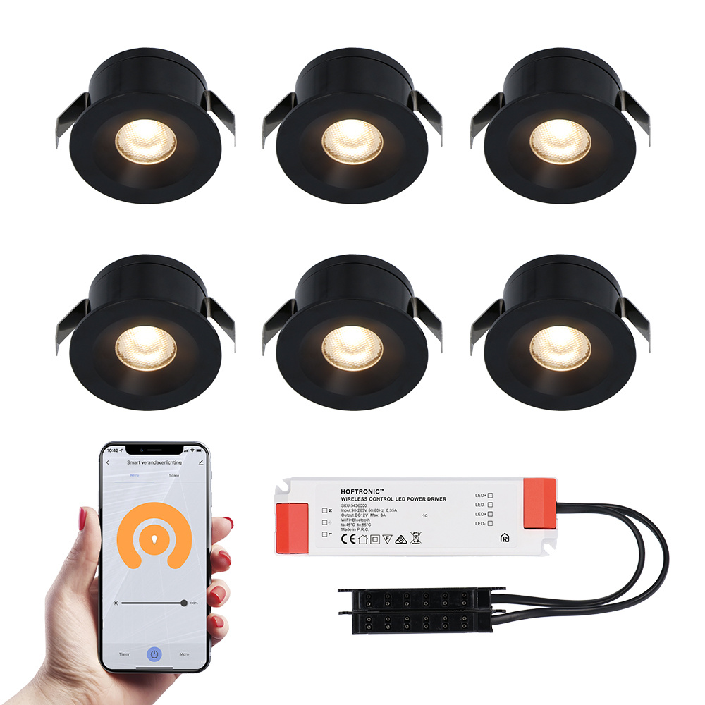 HOFTRONIC™ 6x Cadiz zwarte Smart LED Inbouwspots complete set - Wifi & Bluetooth - 12V - 3 Watt - 2700K warm wit