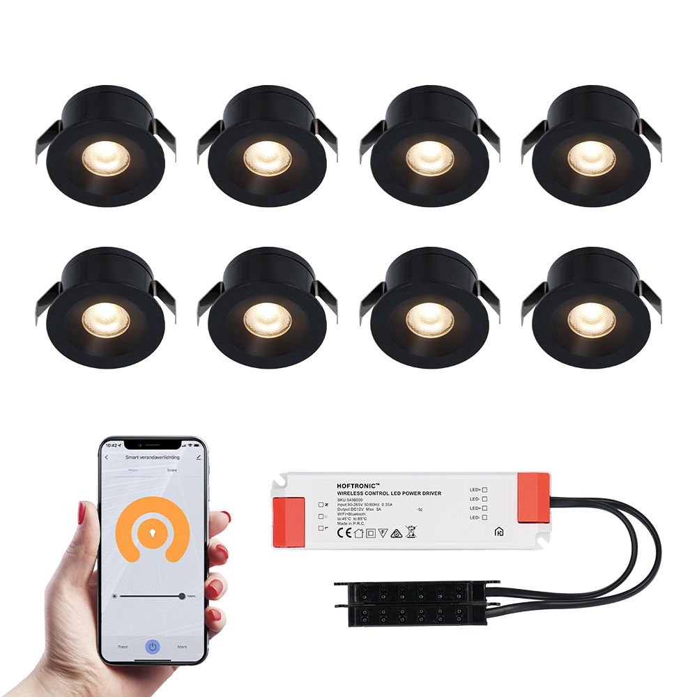 HOFTRONIC™ 8x Cadiz zwarte Smart LED Inbouwspots complete set - Wifi & Bluetooth - 12V - 3 Watt - 2700K warm wit