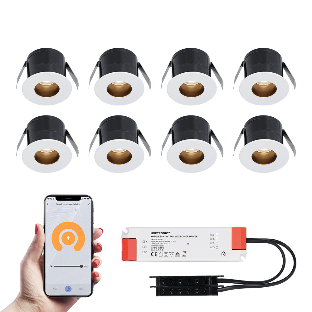 HOFTRONIC SMART 8x Olivia witte Smart LED Inbouwspots complete set Wifi Bluetooth 12V 3 Watt 2700K warm wit