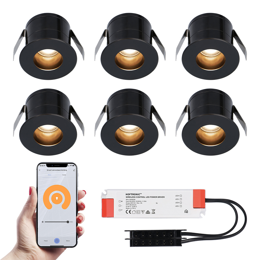 HOFTRONIC™ 6x Olivia zwarte Smart LED Inbouwspots complete set - Wifi & Bluetooth - 12V - 3 Watt - 2700K warm wit