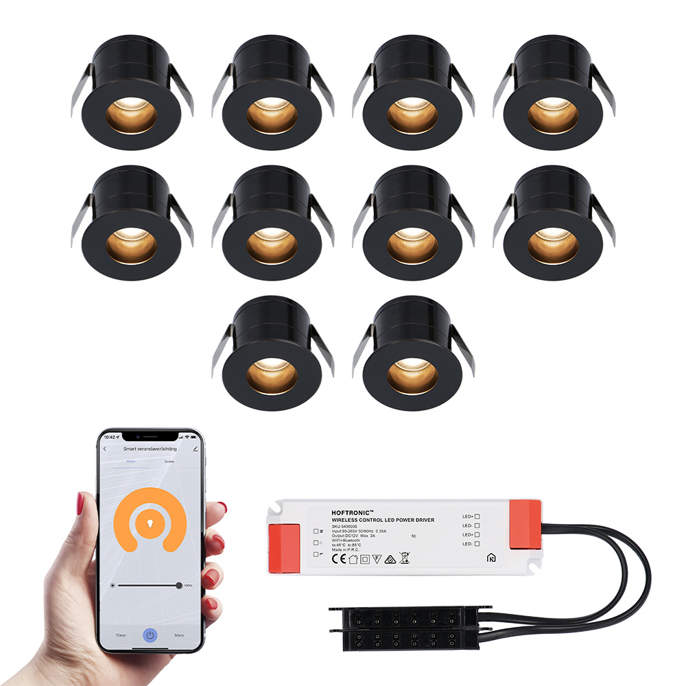 HOFTRONIC™ 10x Olivia zwarte Smart LED Inbouwspots complete set - Wifi & Bluetooth - 12V - 3 Watt - 2700K warm wit