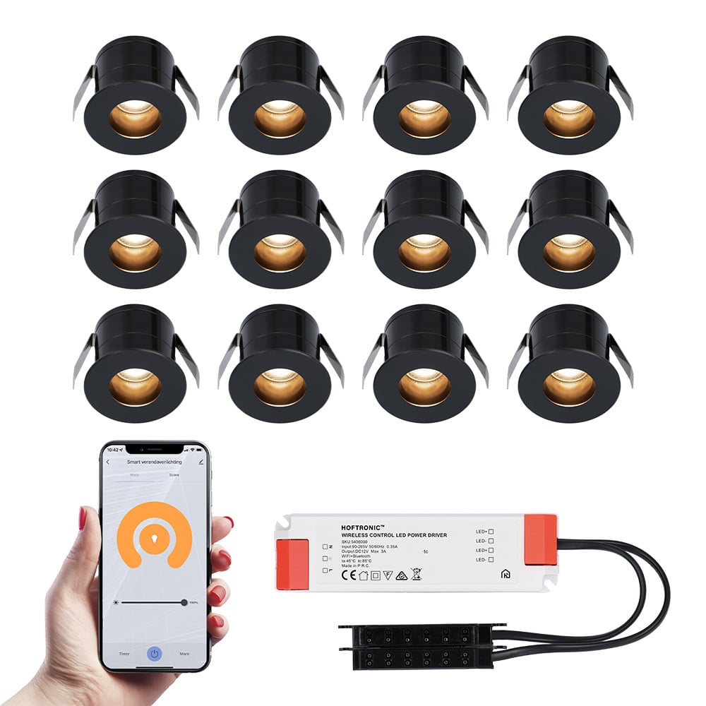 12x Olivia zwarte Smart LED Inbouwspots complete set - Wifi & Bluetooth - 12V - 3 Watt - 2700K warm wit