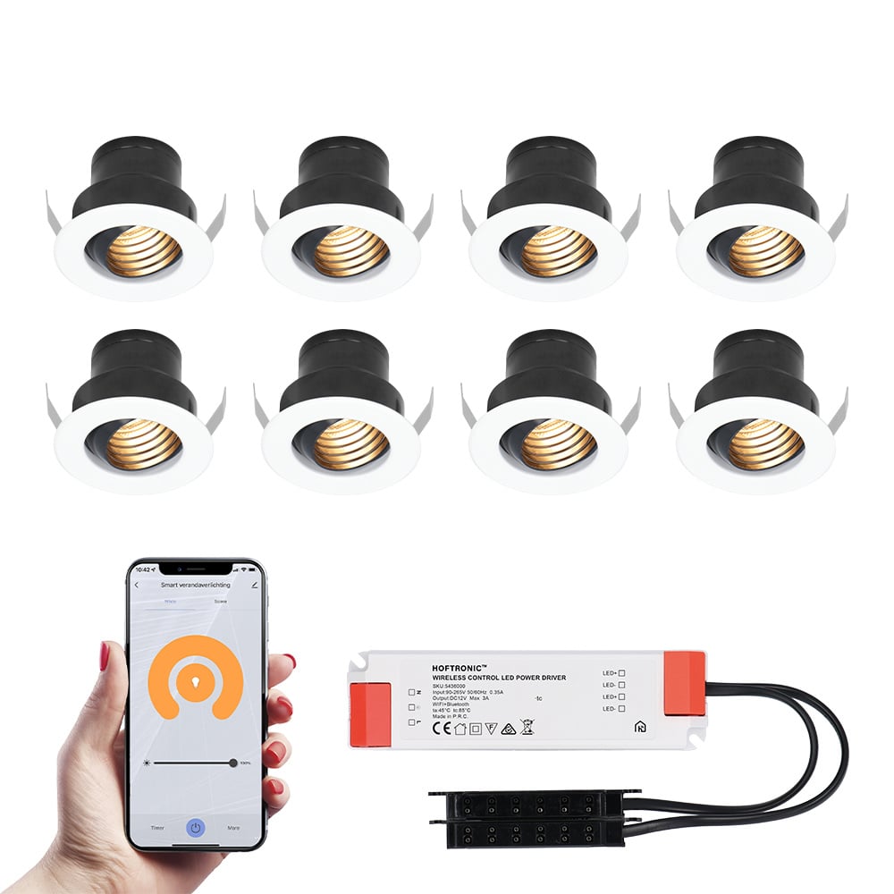8x Medina witte Smart LED Inbouwspots complete set - Wifi & Bluetooth - 12V - 3 Watt - 2700K warm wit