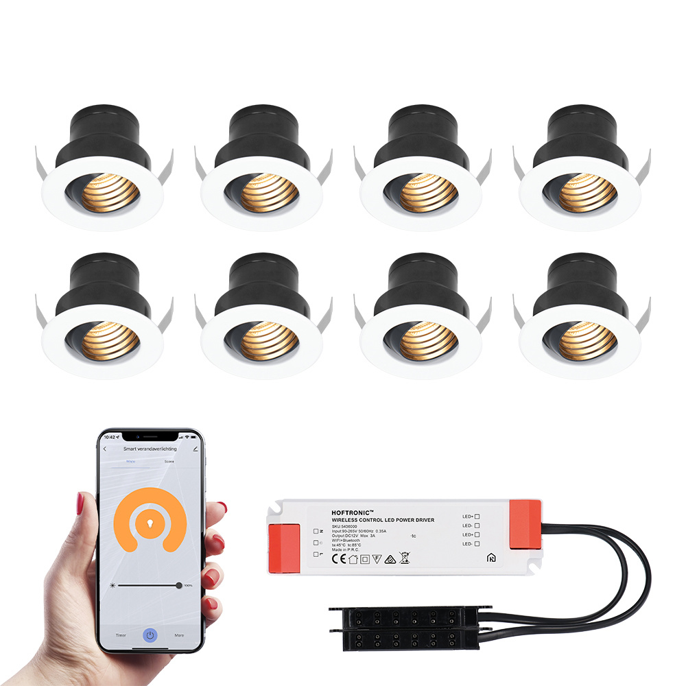 8x Medina witte Smart LED Inbouwspots complete set - Wifi & Bluetooth - 12V - 3 Watt - 2700K warm wit