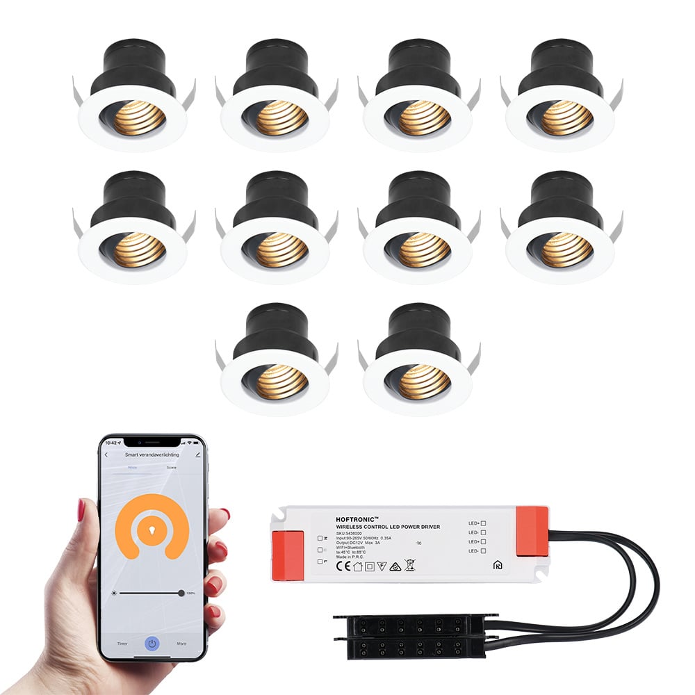 10x Medina witte Smart LED Inbouwspots complete set - Wifi & Bluetooth - 12V - 3 Watt - 2700K warm wit