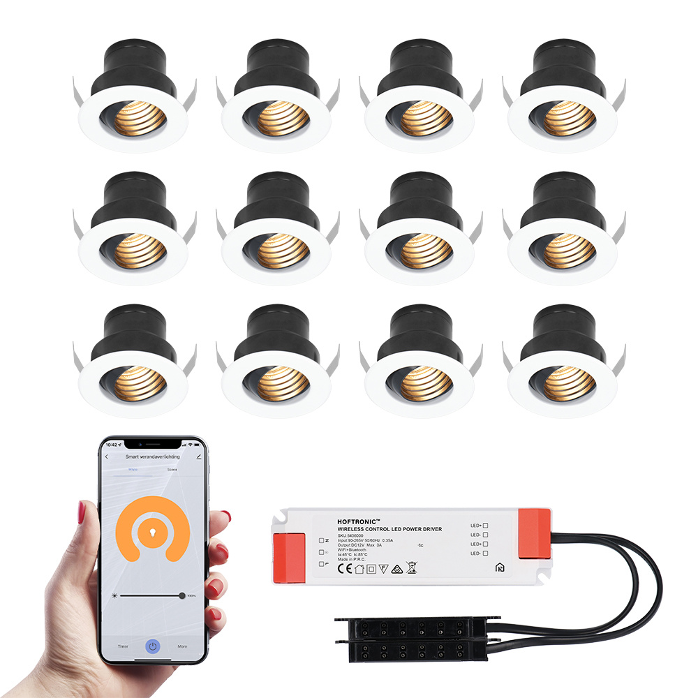 HOFTRONIC 12x Medina witte Smart LED Inbouwspots complete set - Wifi & Bluetooth - 12V - 3 Watt - 27