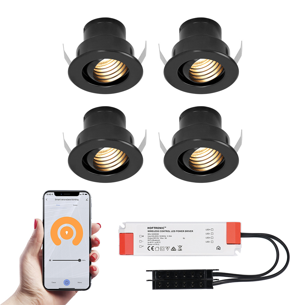 4x Medina zwarte Smart LED Inbouwspots complete set - Wifi & Bluetooth - 12V - 3 Watt - 2700K warm w