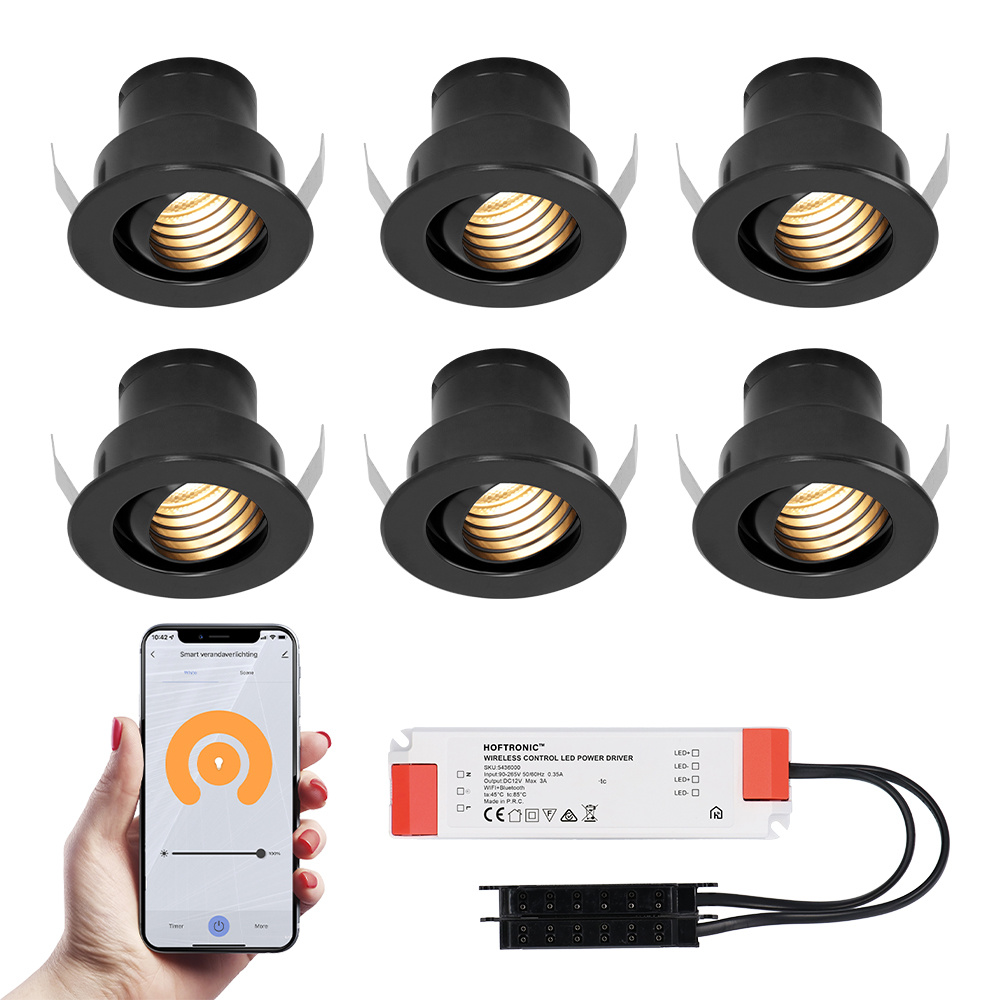 HOFTRONIC SMART 6x Medina zwarte Smart LED Inbouwspots complete set - Wifi & Bluetooth - 12V - 3 Wat