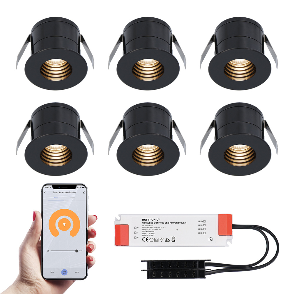 HOFTRONIC 6x Betty zwarte Smart LED Inbouwspots complete set - Wifi & Bluetooth - 12V - 3 Watt - 270