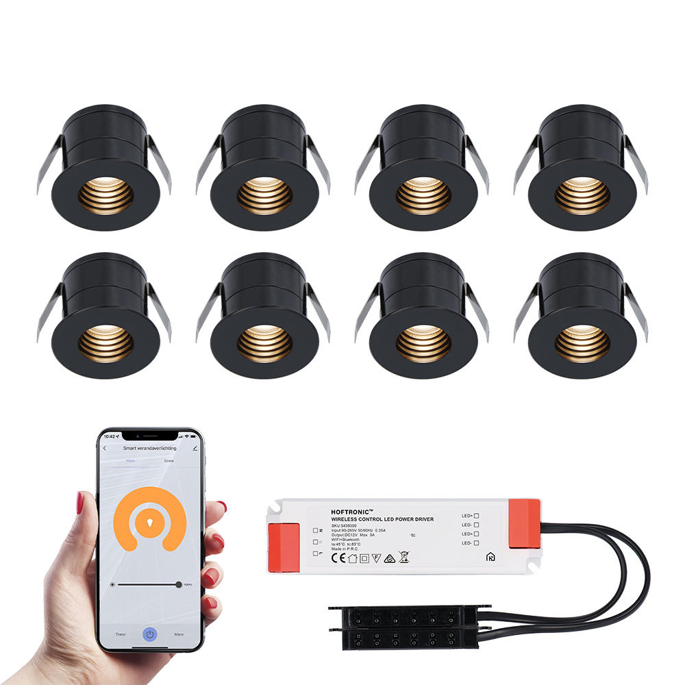 HOFTRONIC™ 8x Betty zwarte Smart LED Inbouwspots complete set Wifi Bluetooth 12V 3 Watt 2700K warm wit