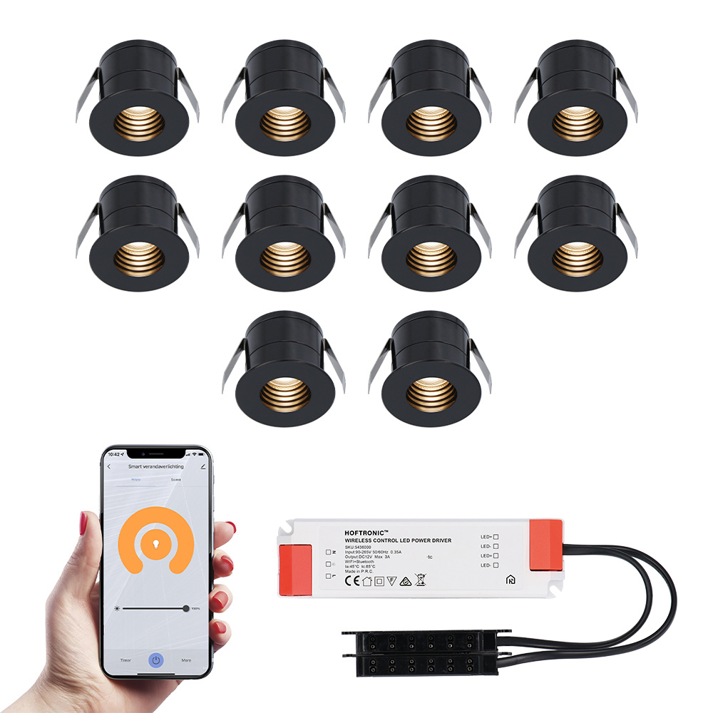 HOFTRONIC 10x Betty zwarte Smart LED Inbouwspots complete set - Wifi & Bluetooth - 12V - 3 Watt - 27