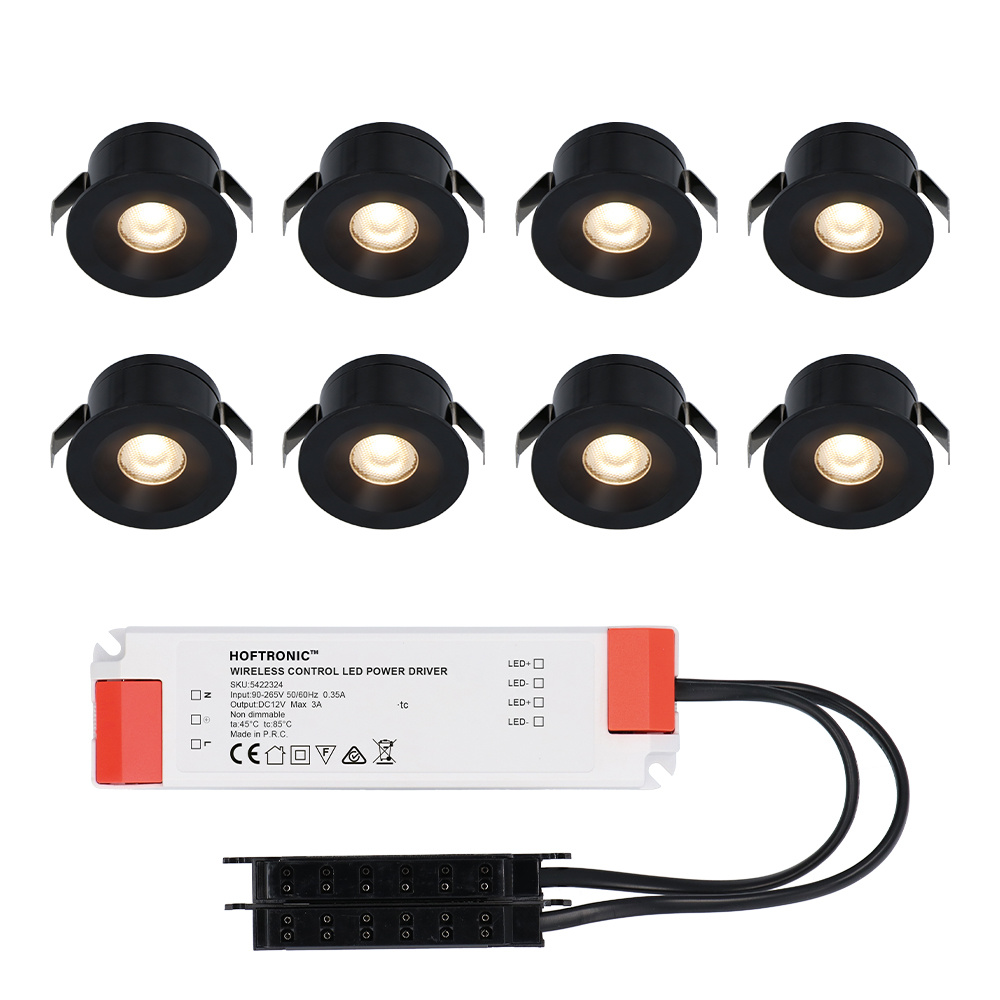 HOFTRONIC™ 8x Cadiz - Mini 12V LED inbouwspot zwart met trafo - 3 Watt - Niet dimbaar - IP44 waterdicht voor buiten - 2700K Warm wit - Lage inbouwdiepte 26mm - Voor veranda, badkam