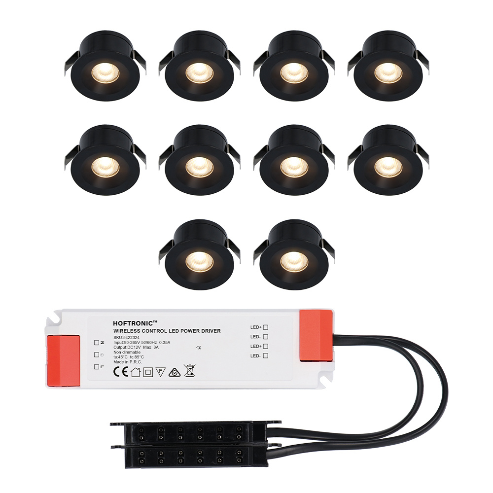 HOFTRONIC™ 10x Cadiz - Mini 12V LED inbouwspot zwart met trafo - 3 Watt - Niet dimbaar - IP44 wate