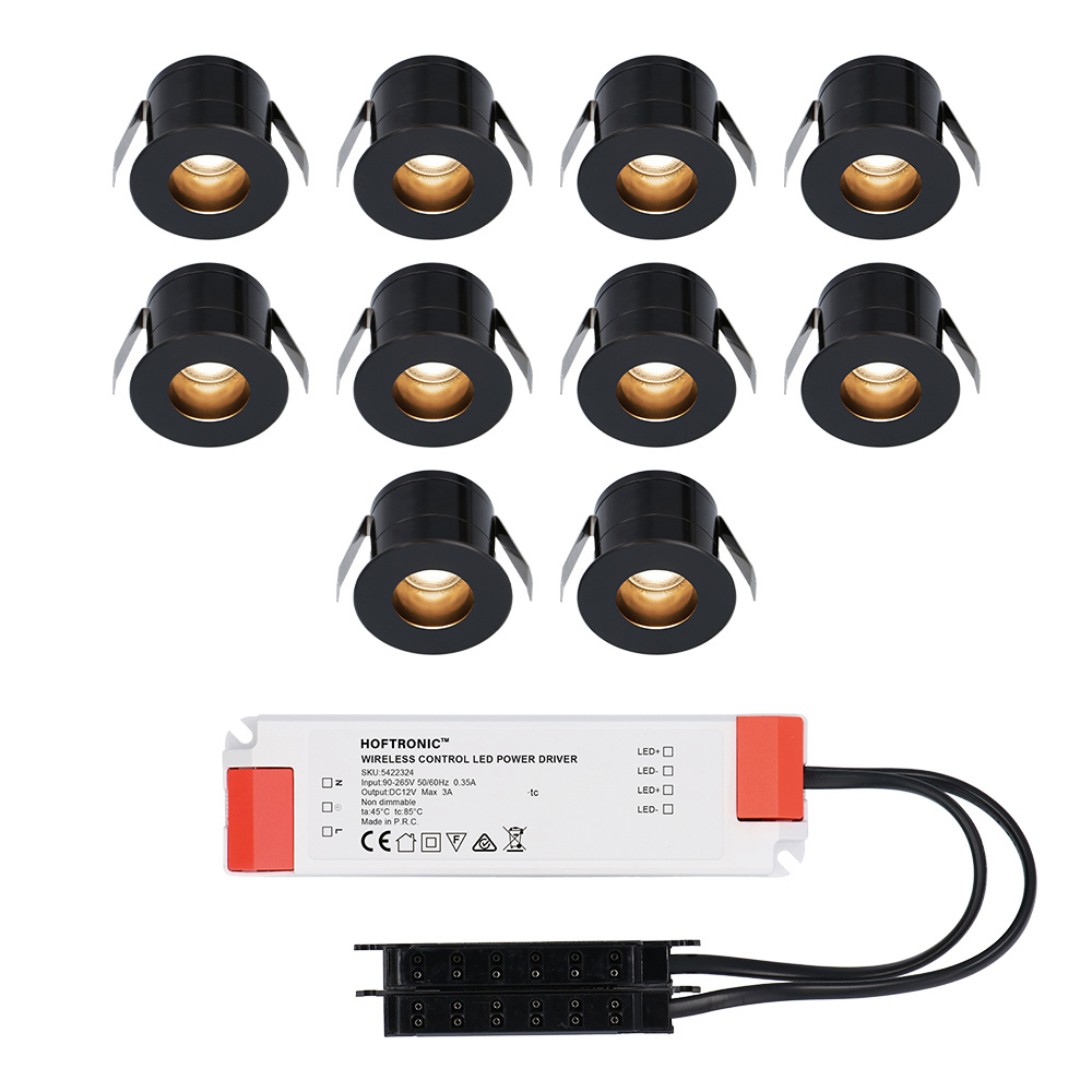 HOFTRONIC™ 10x Olivia - Mini 12V LED inbouwspot zwart met trafo - Verzonken - 3 Watt - Niet dimbaar - IP44 waterdicht voor buiten - 2700K Warm wit - Lage inbouwdiepte 36mm - Voor v