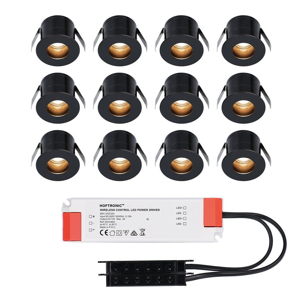HOFTRONIC™ 12x Olivia - Mini 12V LED inbouwspot zwart met trafo - Verzonken - 3 Watt - Niet dimbaar - IP44 waterdicht voor buiten - 2700K Warm wit - Lage inbouwdiepte 36mm - Voor v