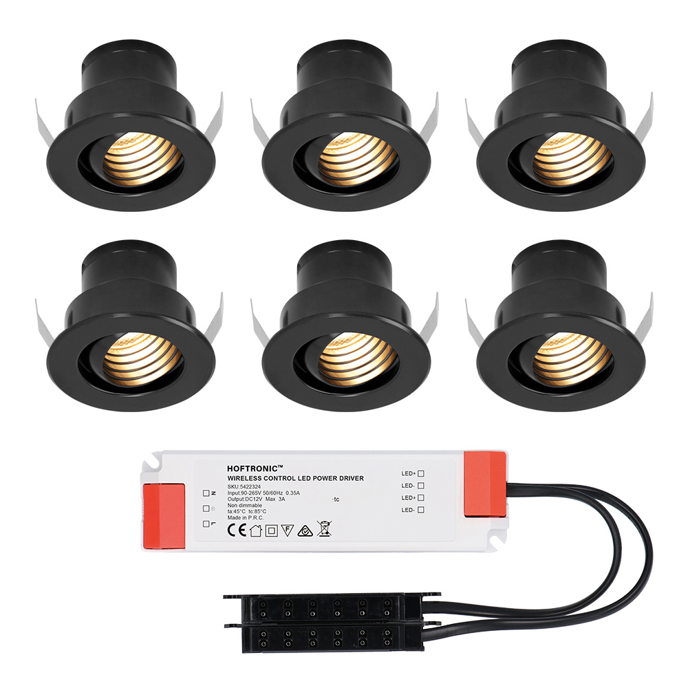 HOFTRONIC Set van 6 12V 3W - Mini LED Inbouwspot - Zwart - Kantelbaar & verzonken - Verandaverlichti