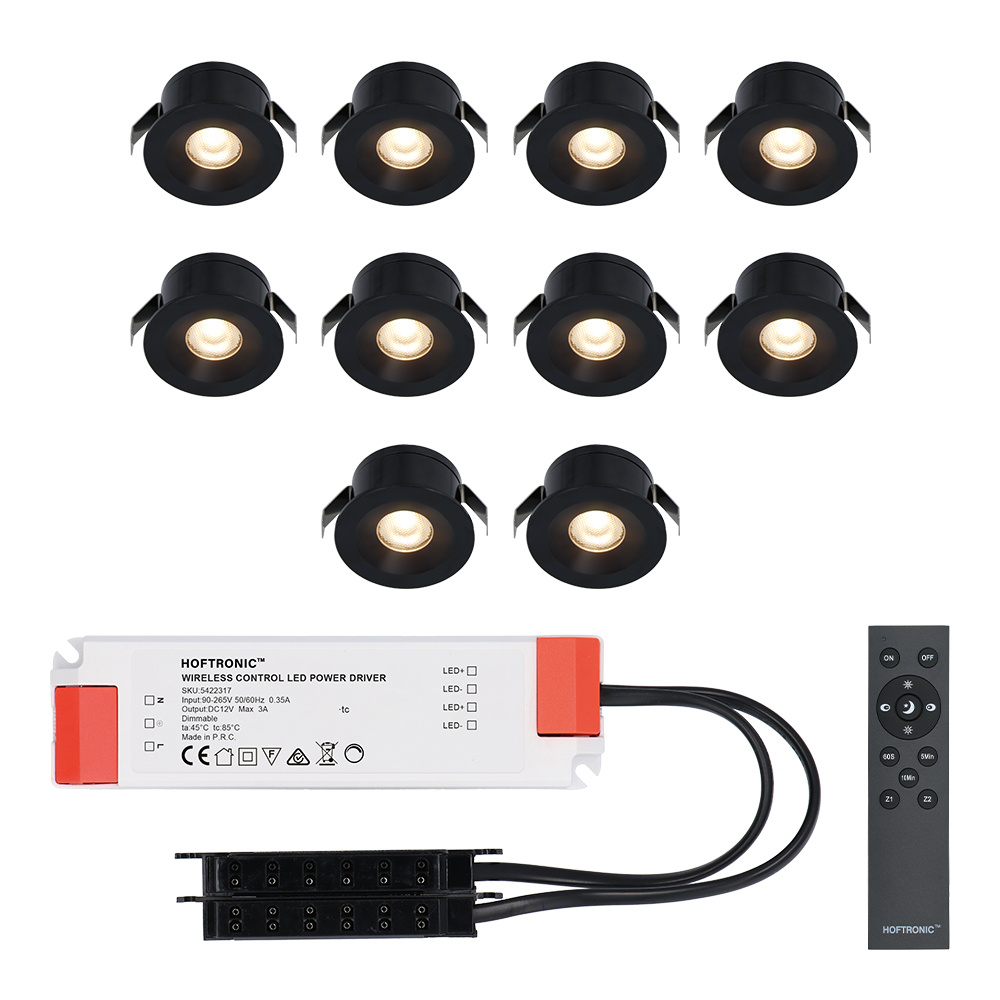 10x Cadiz - Mini 12V LED inbouwspot zwart met trafo - 3 Watt - Dimbaar - IP44 waterdicht voor buiten - 2700K Warm wit - Lage inbouwdiepte 26mm - Voor veranda, badkamer, carport en
