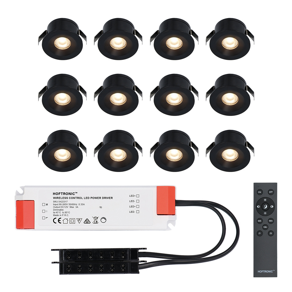 12x Cadiz - Mini 12V LED inbouwspot zwart met trafo - 3 Watt - Dimbaar - IP44 waterdicht voor buiten - 2700K Warm wit - Lage inbouwdiepte 26mm - Voor veranda, badkamer, carport en