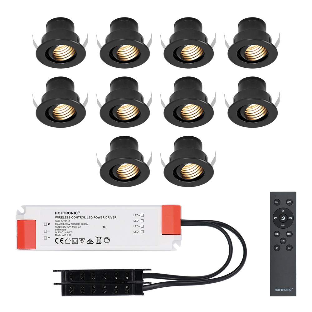 HOFTRONIC Set van 10 12V 3W - Mini LED Inbouwspot - Zwart - Dimbaar - Kantelbaar & verzonken - Veran