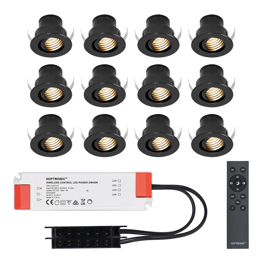 HOFTRONIC™ Set van 12 12V 3W - Mini LED Inbouwspot - Zwart - Dimbaar - Kantelbaar & verzonken - Verandaverlichting - IP44 voor buiten - 2700K - Warm wit