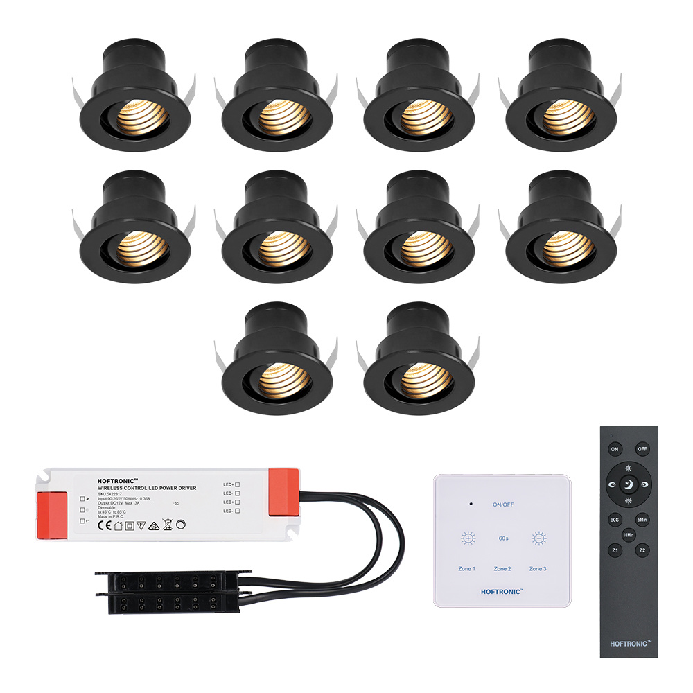 HOFTRONIC™ Set van 10 12V 3W - Mini LED Inbouwspot - Zwart - Dimbaar - Kantelbaar & verzonken - Verandaverlichting - Incl. Muurdimmer - IP44 voor buiten - 2700K - Warm wit