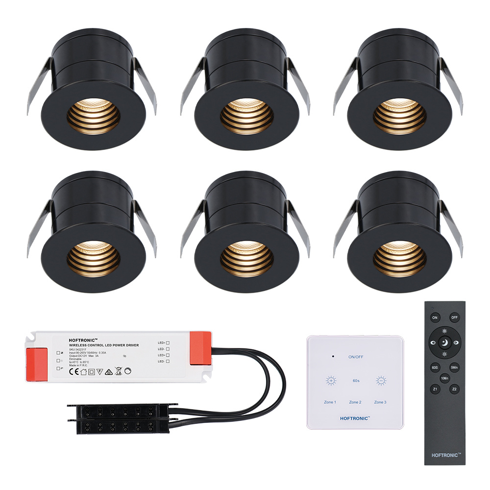 6x Betty zwarte LED Inbouwspots complete set met muurdimmer - 12V - 3 Watt - Veranda verlichting - voor buiten - 2700K warm wit