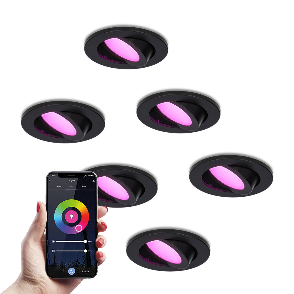 HOFTRONIC SMART 6x Vienna smart LED inbouwspot - WiFi & Bluetooth - Kantelbaar - Google Home en Amazon Alexa - IP65 - Ingebouwde 6 Watt RGBWW spot - Zwart - 3 jaar garantie