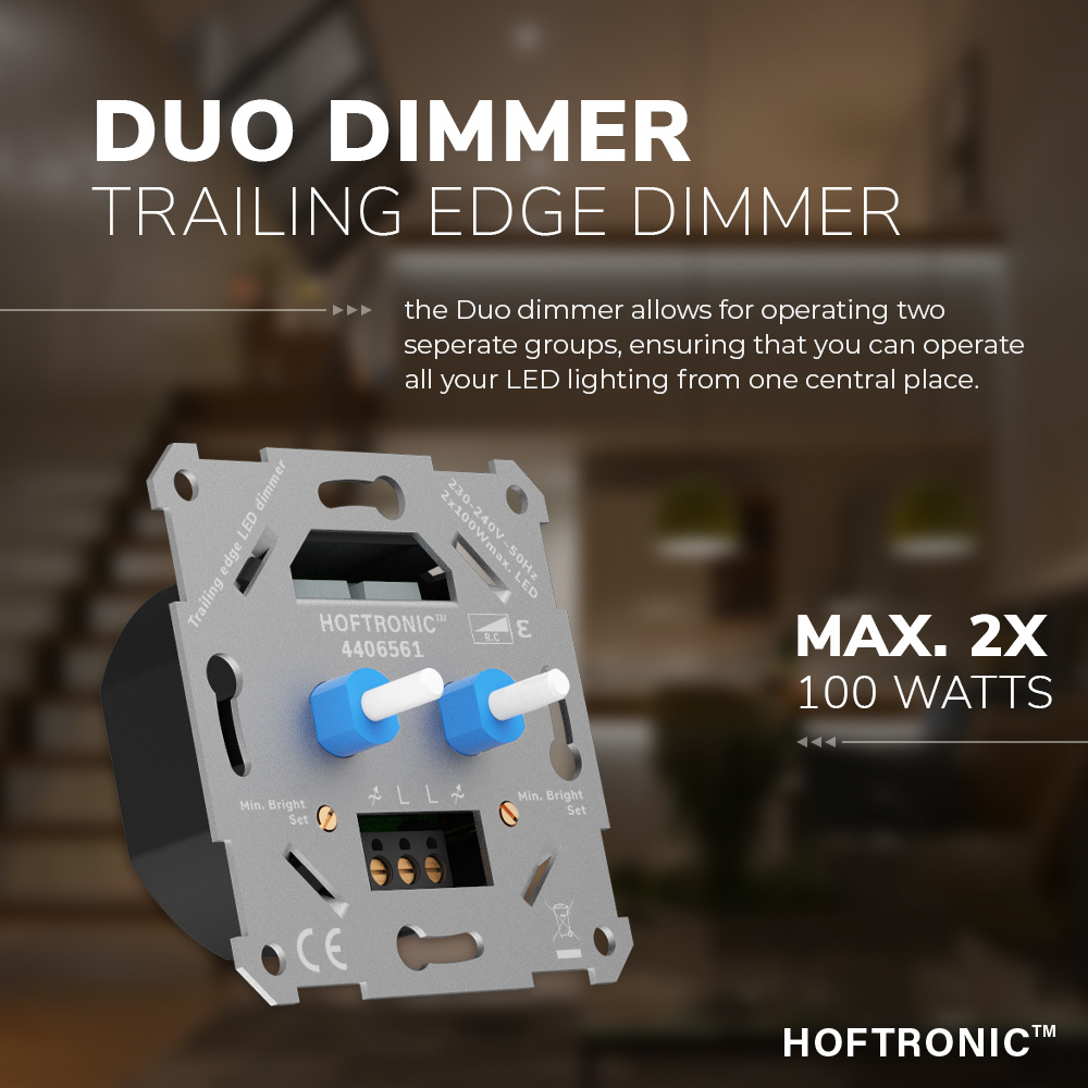 LED Duo Dimmer inbouw - 2x 0-100 Watt - Fase afsnijding - incl. zwart afdekraam en draaiknop